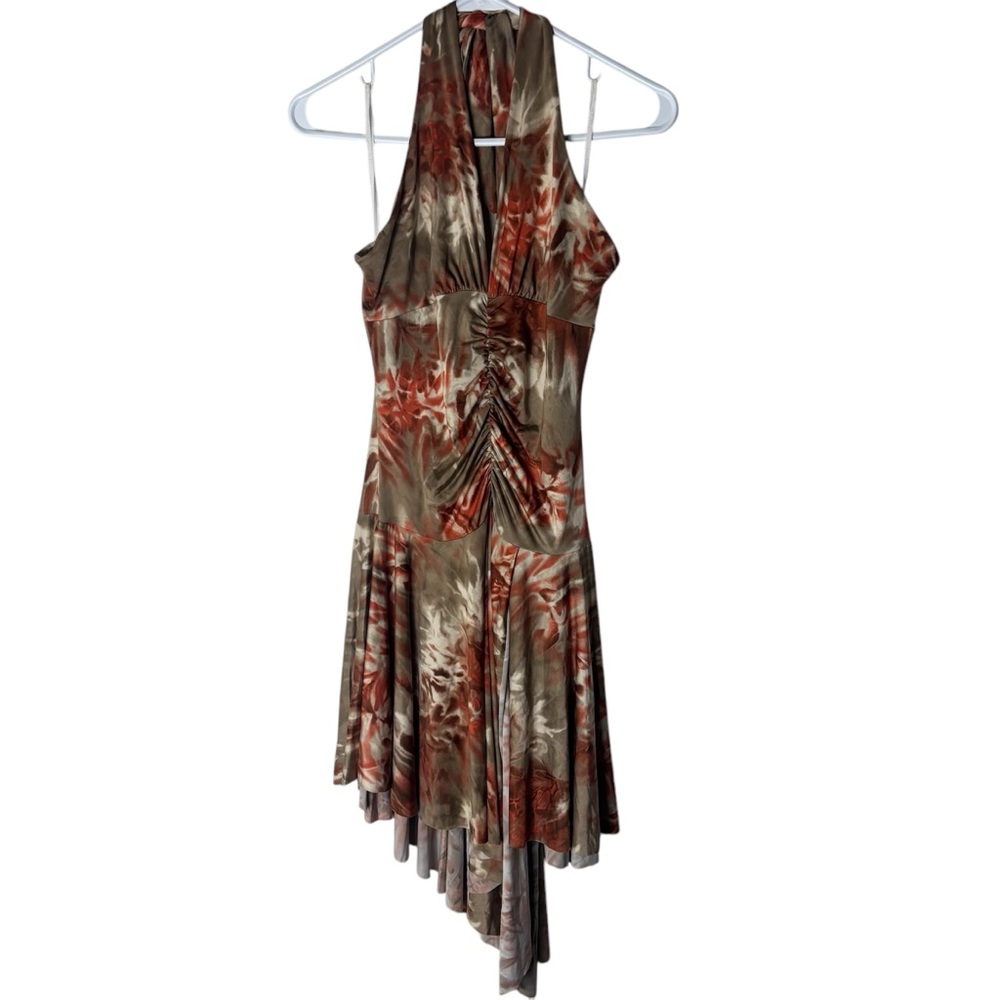 Y2K tie dye halter v neck ruched asymmetrical cocktail party midi dress